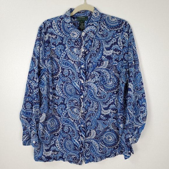 Lauren Ralph Lauren Tops - Lauren Ralph Lauren Womens Shirt 1XL Paisley Blue Long Sleeve Button Down Cotton